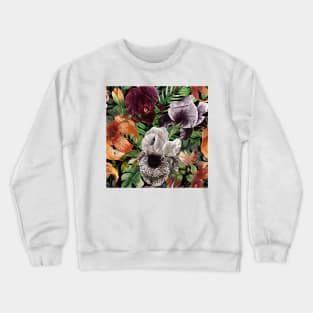 Tropical vibrant flowers and leaves watercolor illustration. Iris flower, Lily flower. Dark jungle. Exotic floral seamless pattern Crewneck Sweatshirt